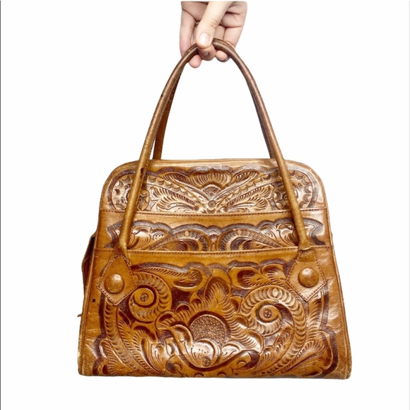 Vintage Handbags - Old VTG Antique Mexican Tooled Floral Leather Bag